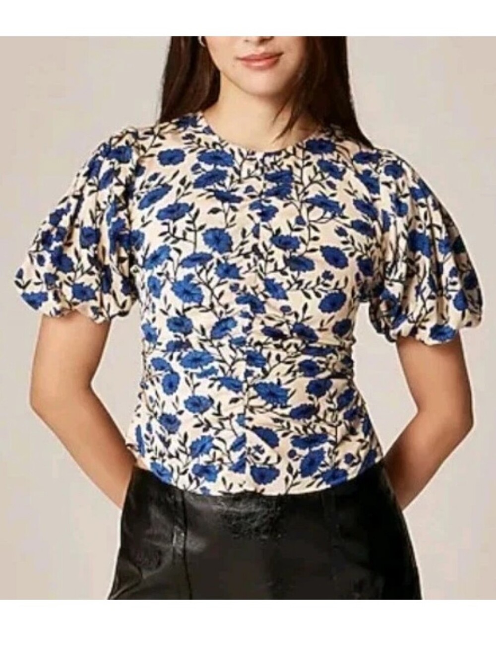 J Crew Puff Sleeve Shirred Smocked Veranda Blouse Sz Sm/4 Satin Blue Floral Nwt